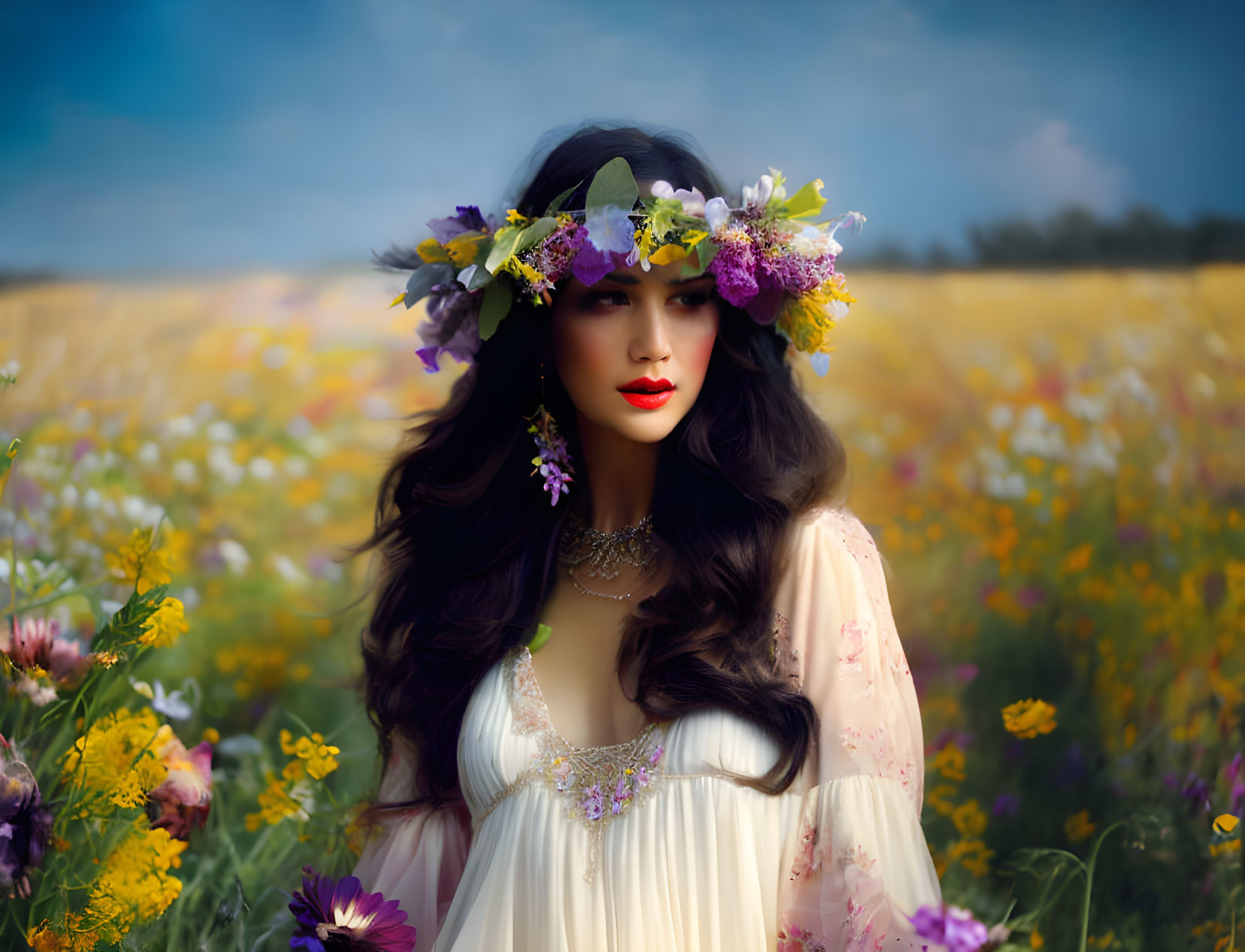 Woman in Floral Wreath Surrounded by Wildflowers and Colorful Sky