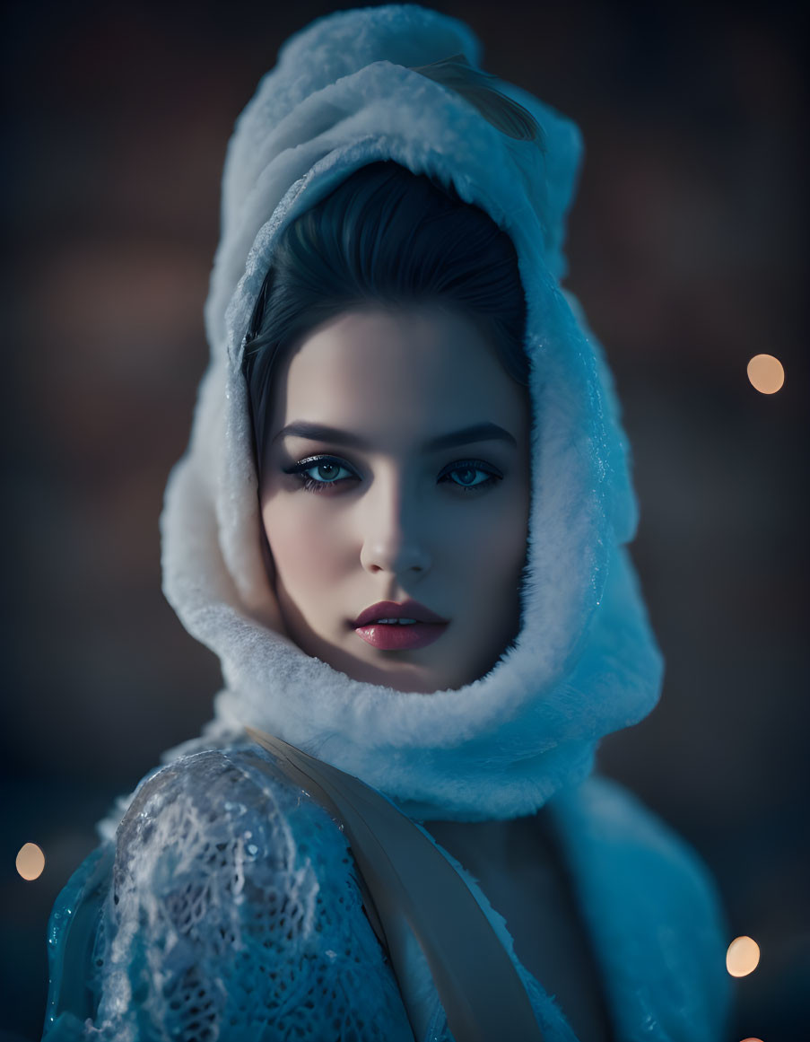 Young Woman in White Fur Hood with Dreamy Background