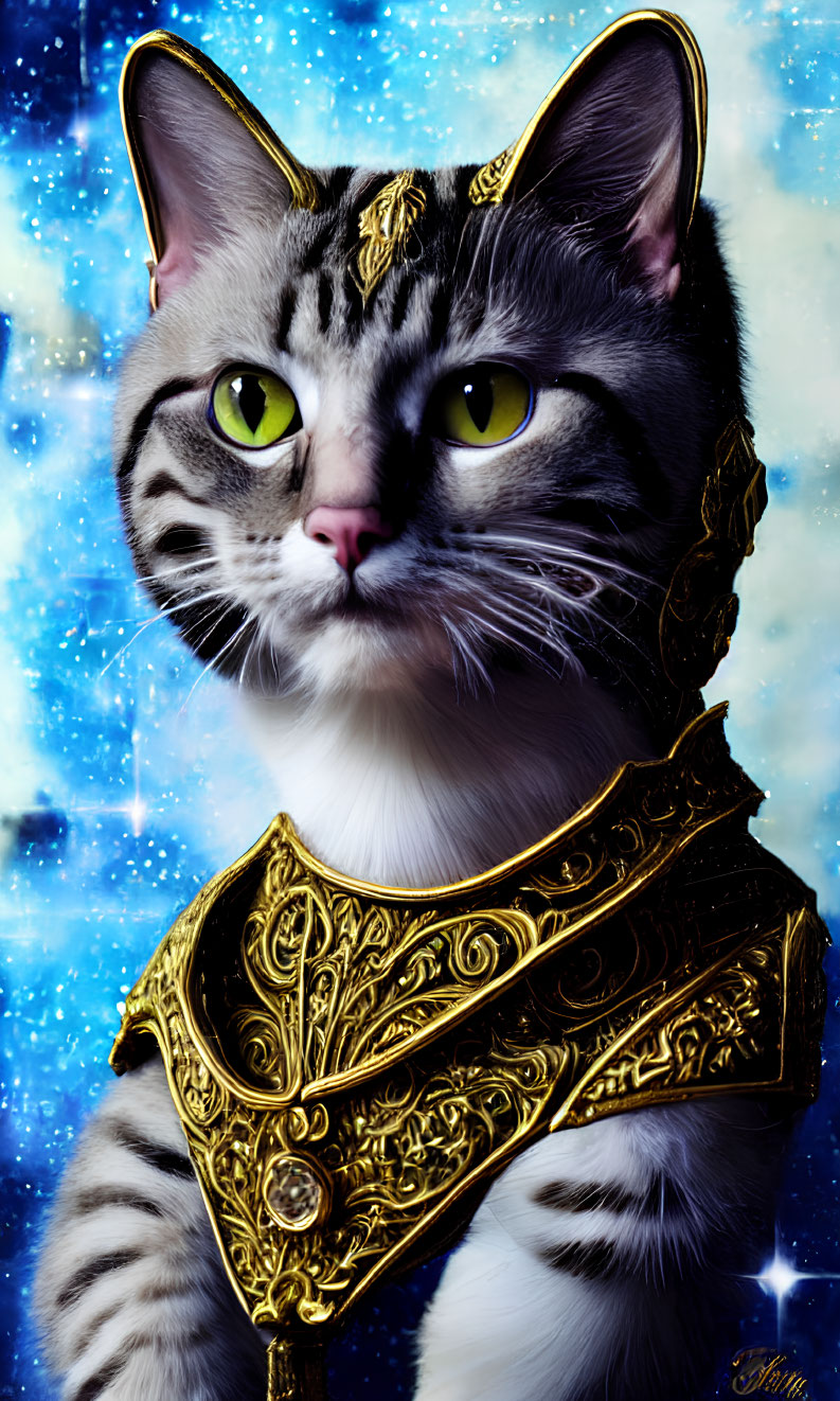 Digital Artwork: Cat with Green Eyes in Golden Armor on Cosmic Background