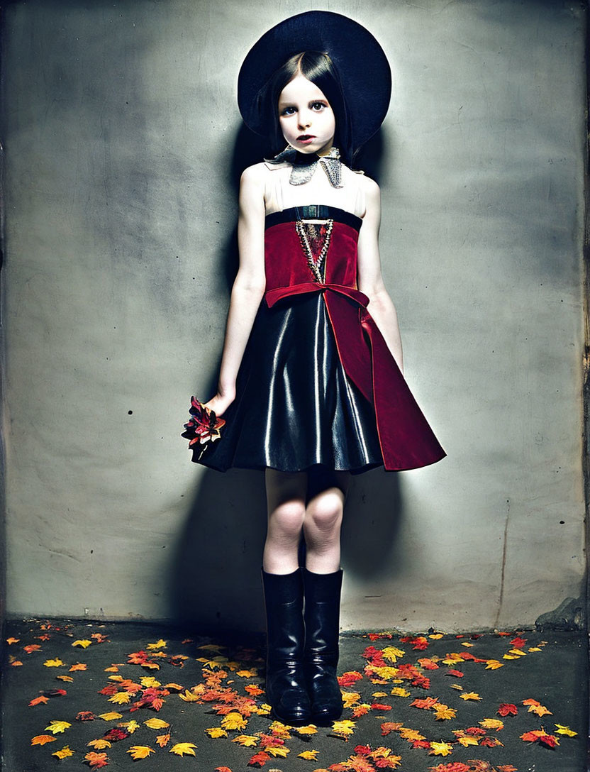 Young girl in black and red dress with autumn leaves