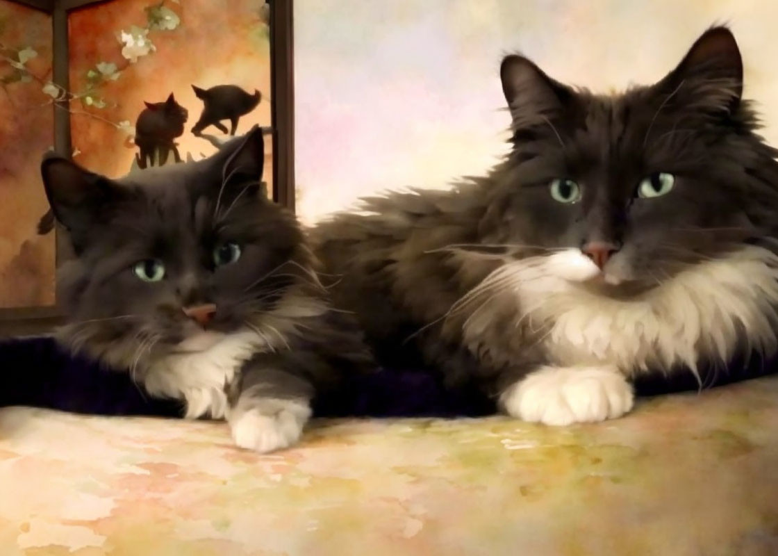 Fluffy Gray and White Cats with Green Eyes in Floral Silhouette Background