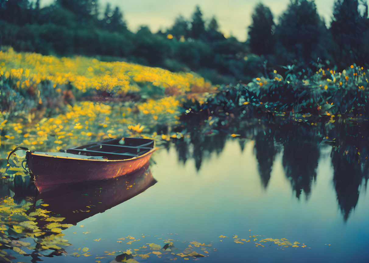 Wooden Boat on Tranquil Water Surrounded by Flowers