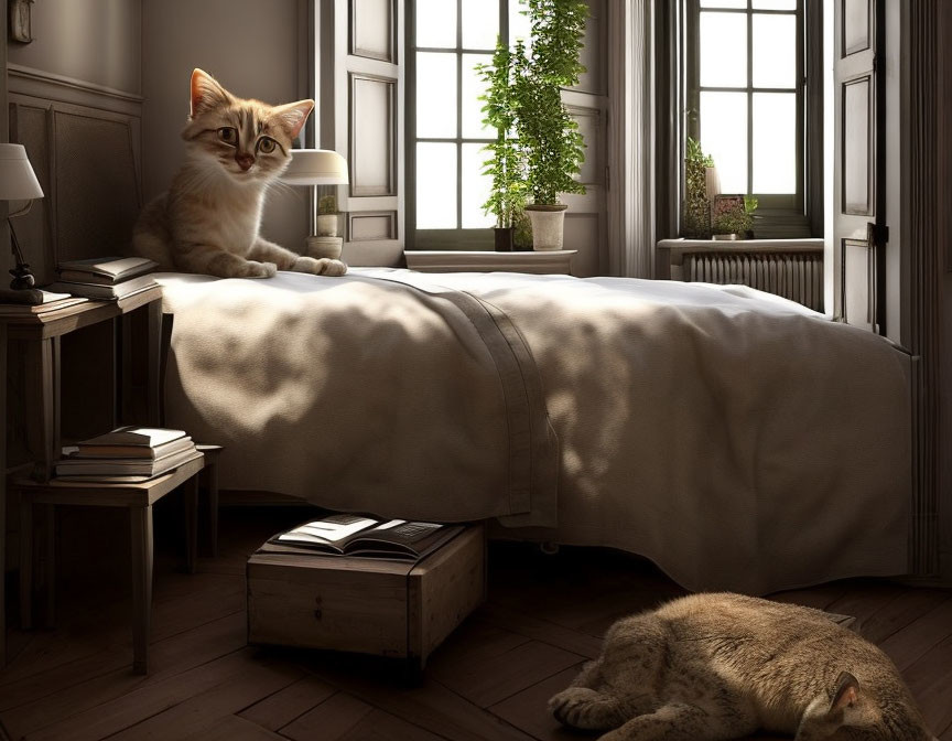 Two cats in a sunny room with large windows