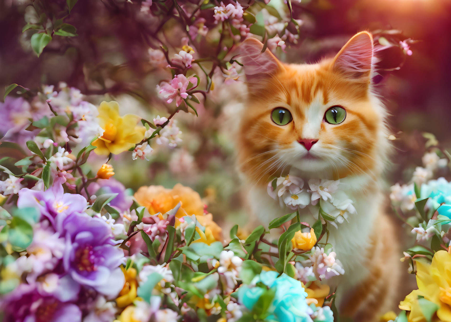 Orange and White Cat with Green Eyes Among Multicolored Flowers