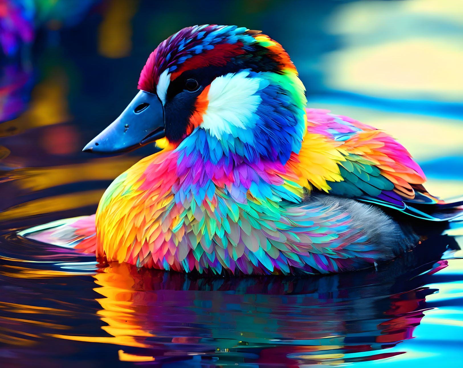 Colorful Duck Floating on Tranquil Water with Blue and Purple Reflections