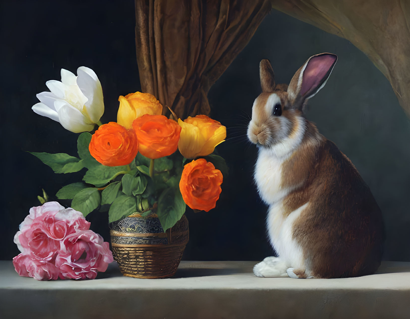 Rabbit with roses and tulips on ledge with curtain