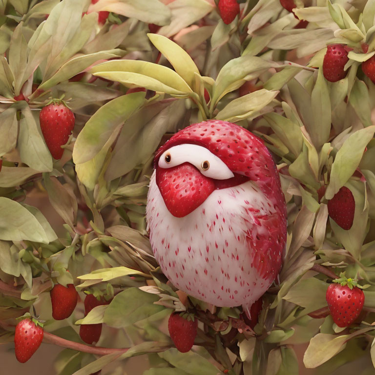 Round strawberry creature with Santa hat and beard in leafy strawberry patch