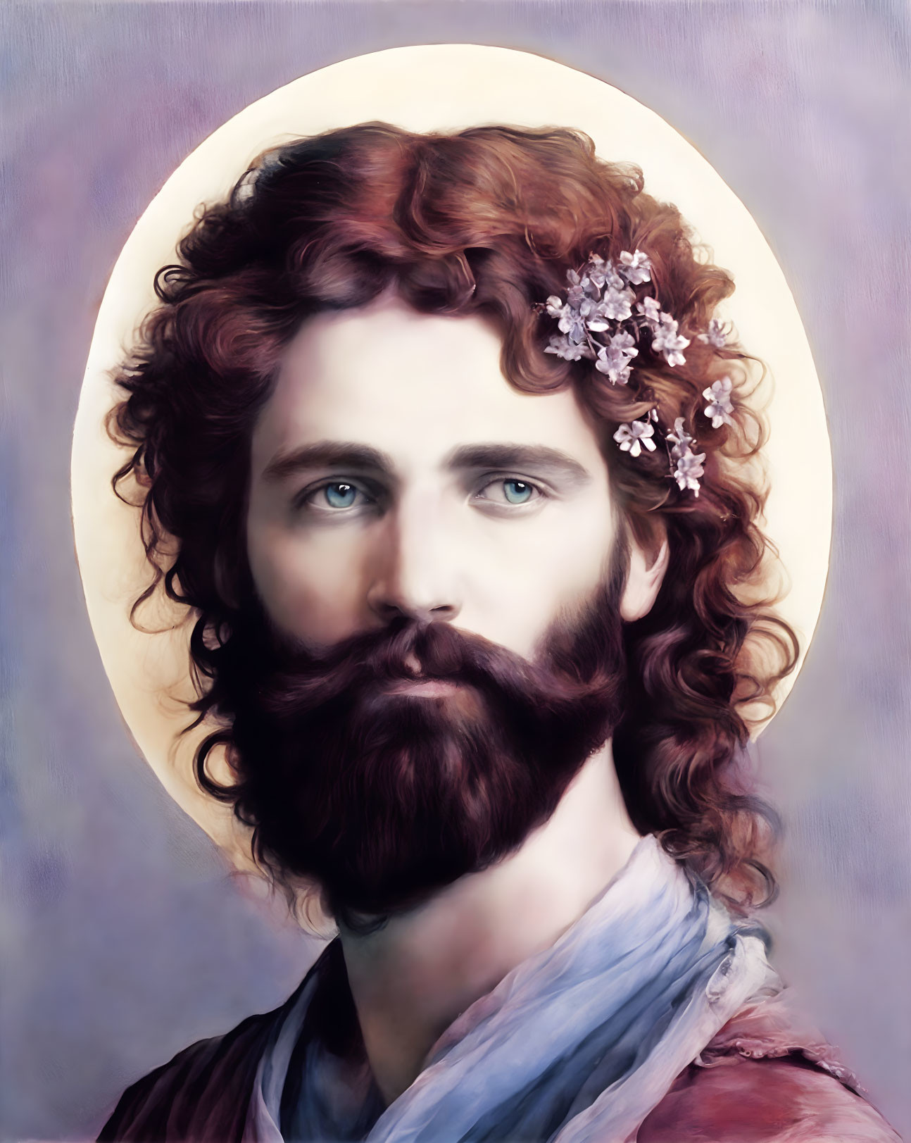 Portrait of a man with curly beard, halo, and flowers on purple background