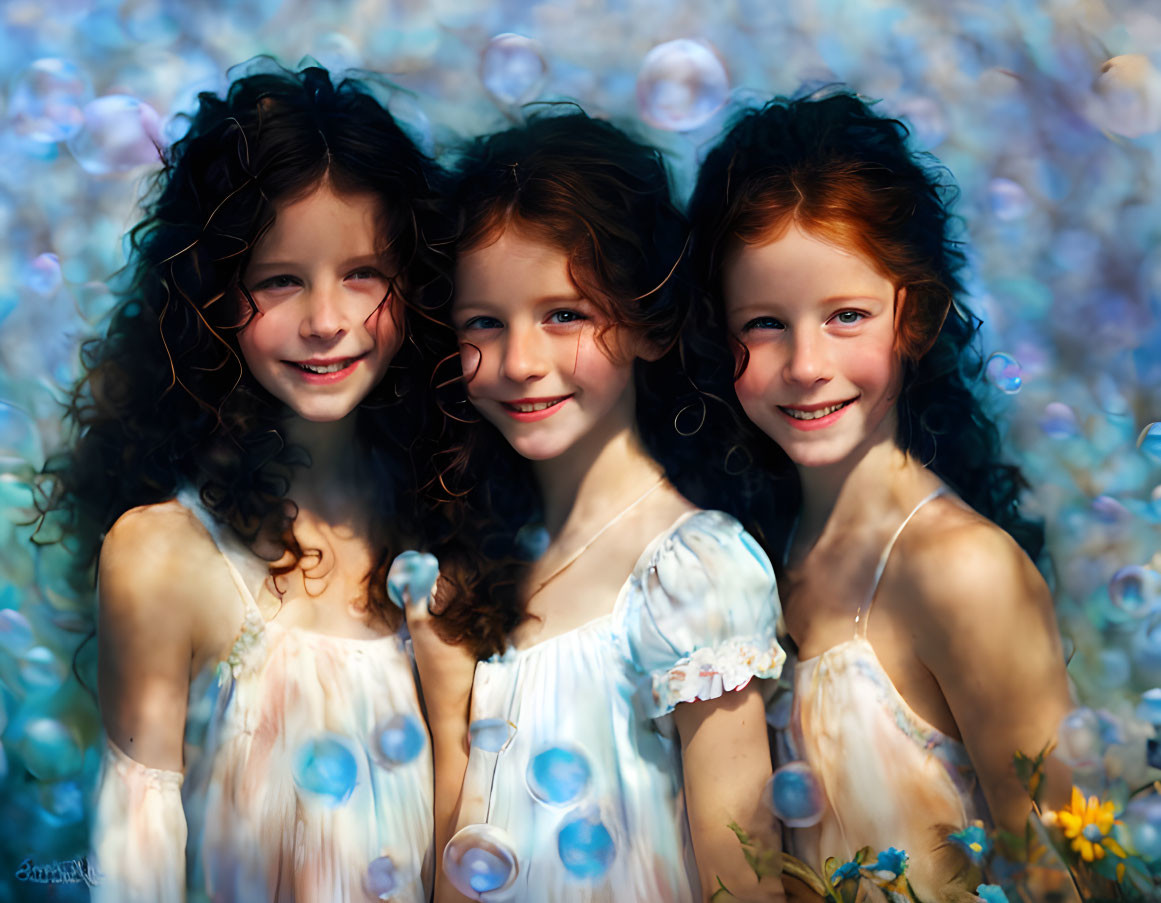 Three young girls in white floral dresses with curly hair surrounded by bubbles and blue bokeh.