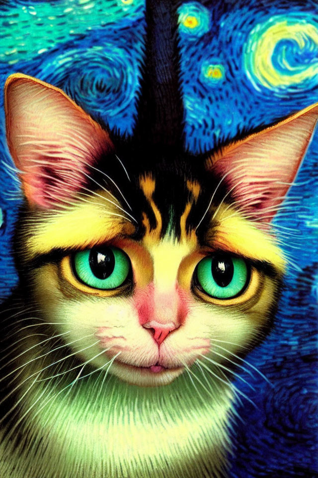 Vibrant Cat Portrait with Teal Eyes and Artistic Background