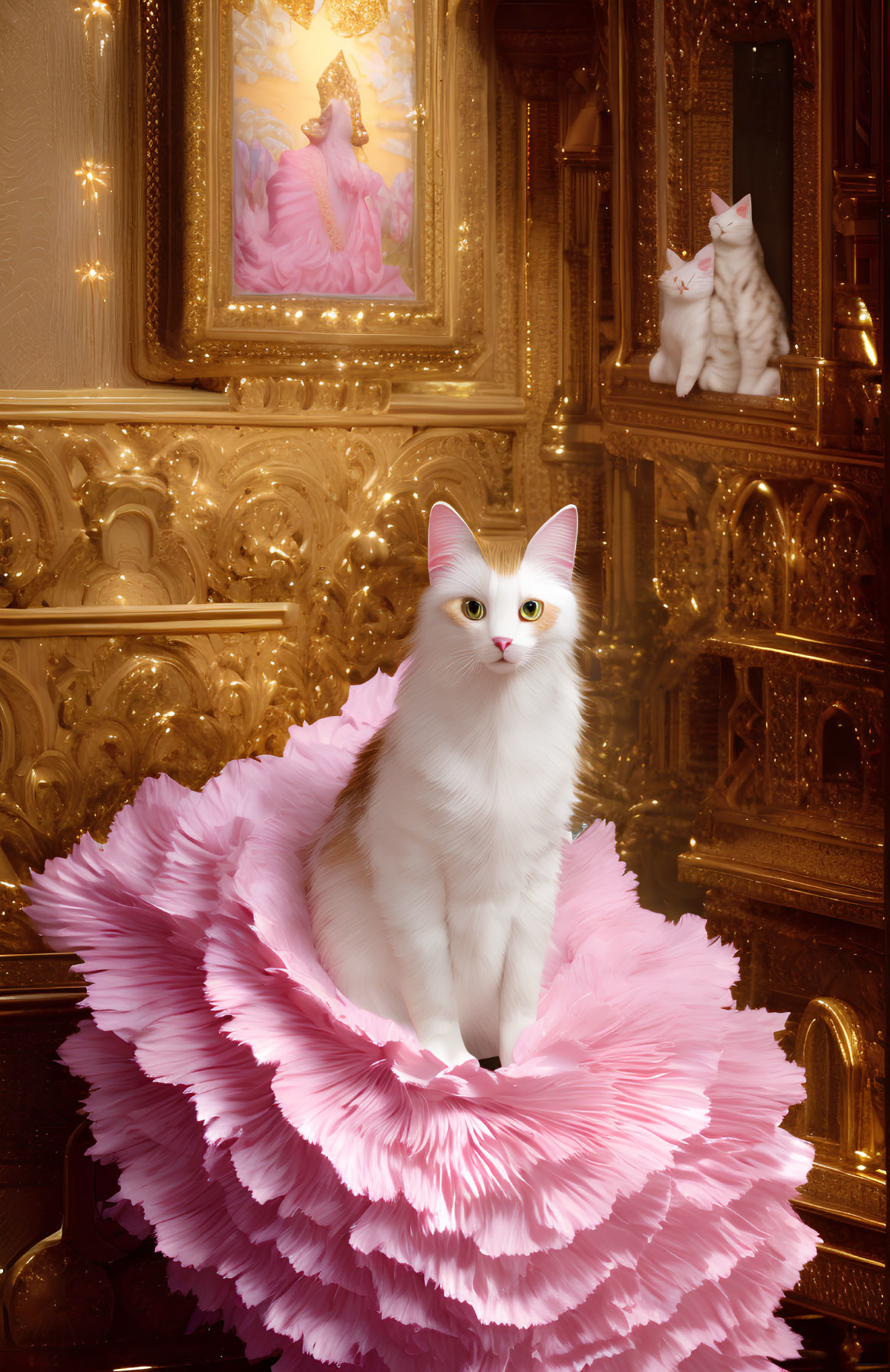 White Cat with Orange Spots on Pink Ruffled Cushion