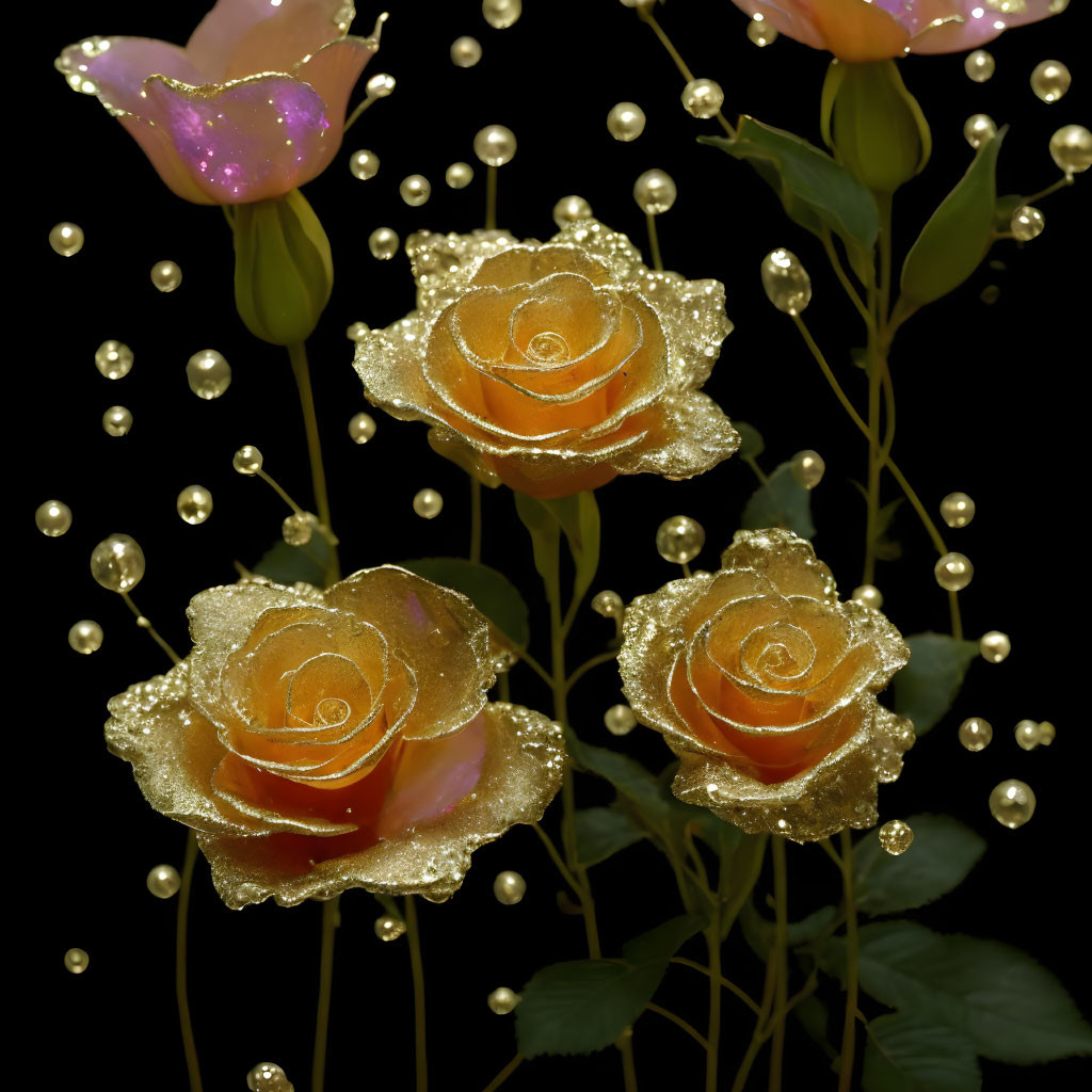 Gold-trimmed roses with dewdrops and pearls on black background