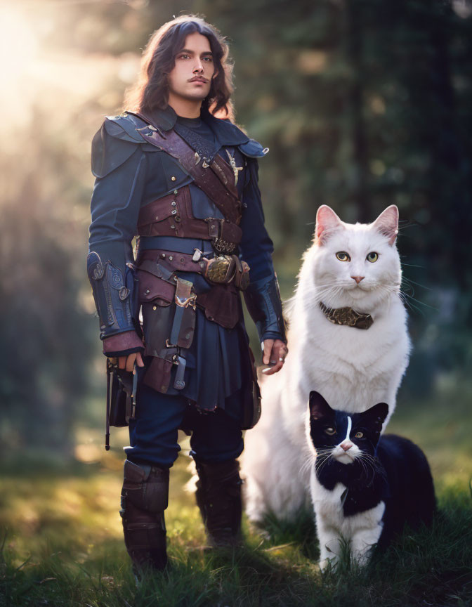 Heroic Figure in Armor with Majestic Cats in Forest