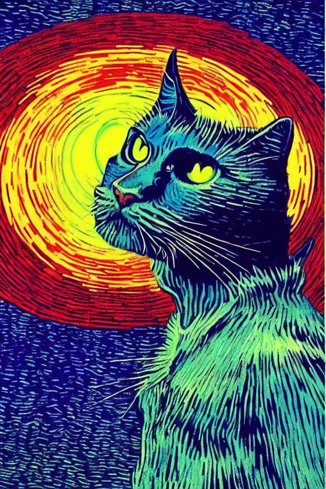 Vibrant Cat Artwork with Yellow Eyes and Bright Background