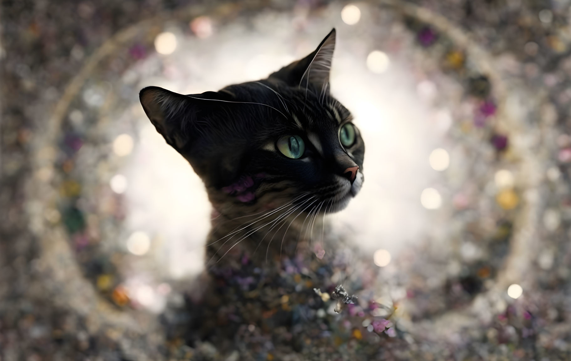 Cat's Head Surrounded by Blurred Flowers and Light