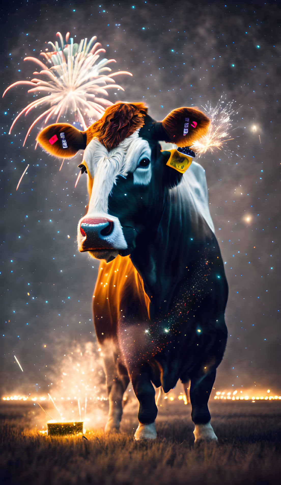 Cow in Cosmic Background with Fireworks Display