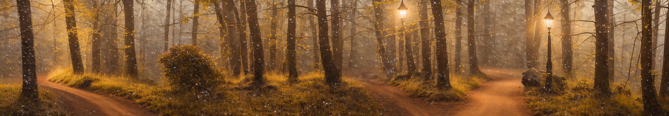 Serene forest scene with lanterns and snowflakes