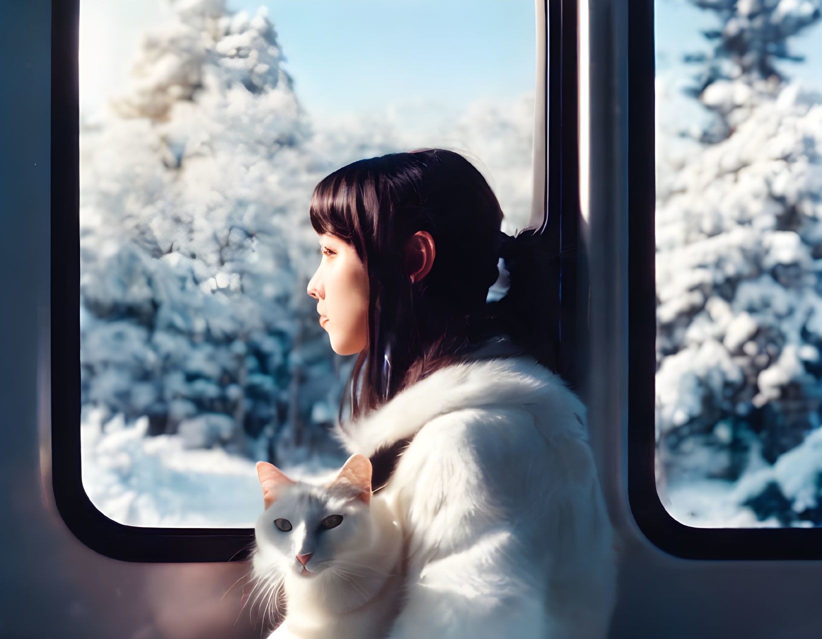 Woman in fur coat with cat by snowy window