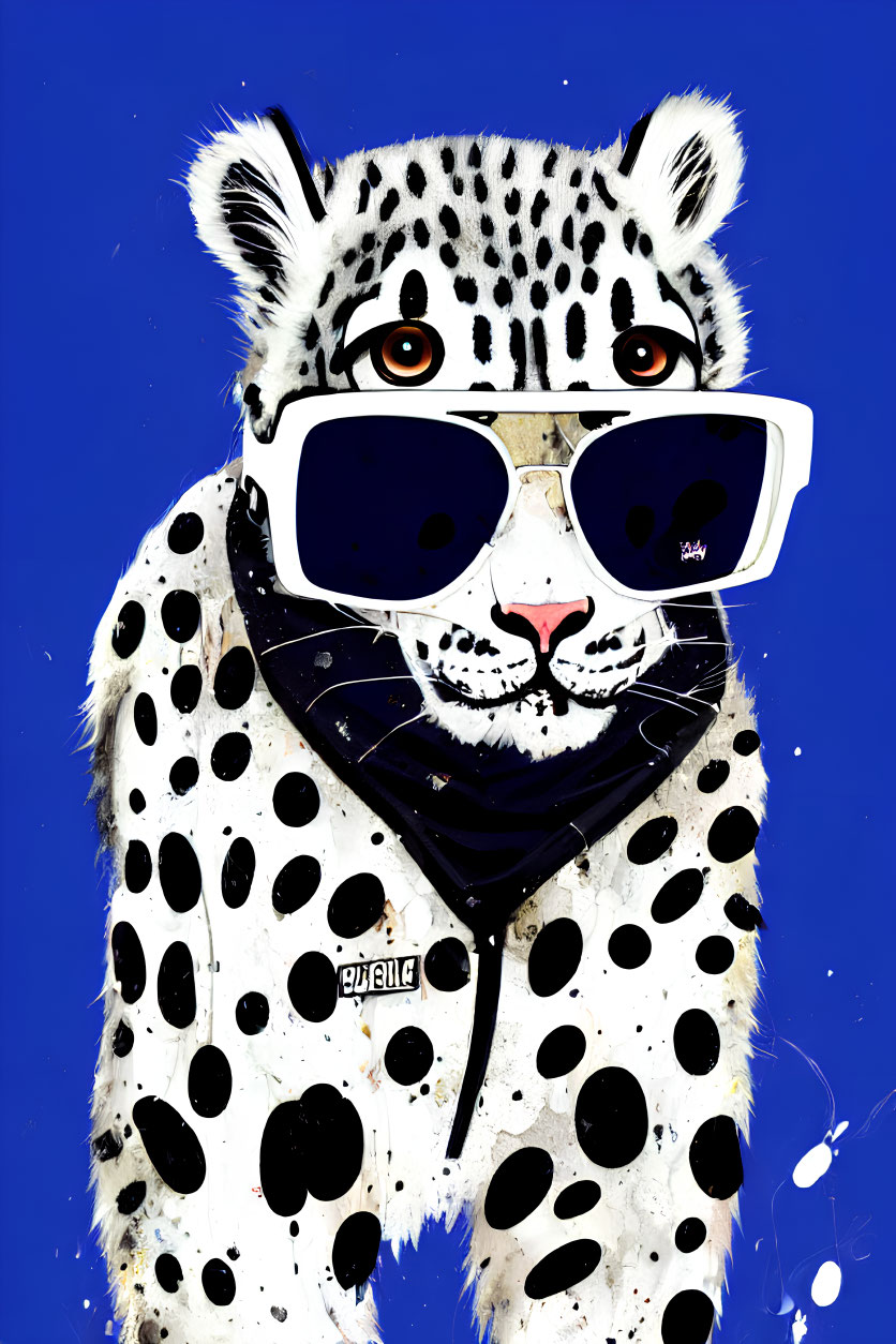 Stylized illustration of snow leopard with sunglasses and scarf on blue background