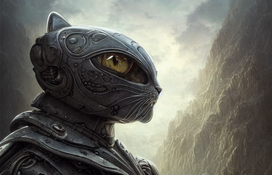 Futuristic robotic cat in a dramatic landscape setting