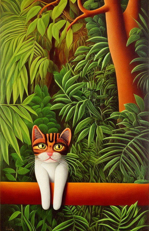 Stylized painting of cat with large eyes on tree branch in lush foliage