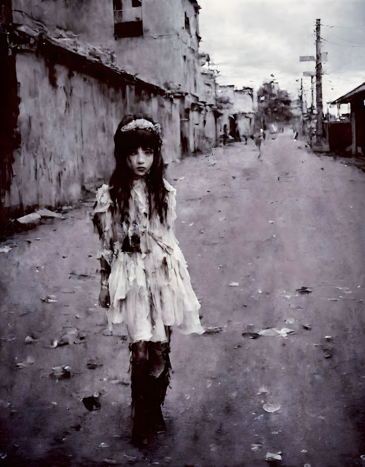 Desolate street scene with girl in tattered clothing