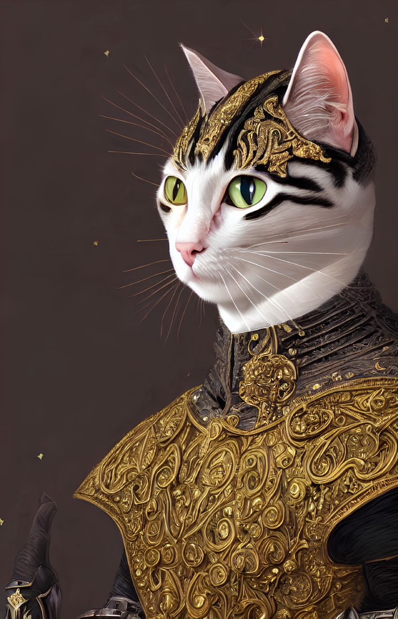 Regal Cat in Ornate Golden Armor with Majestic Headpiece