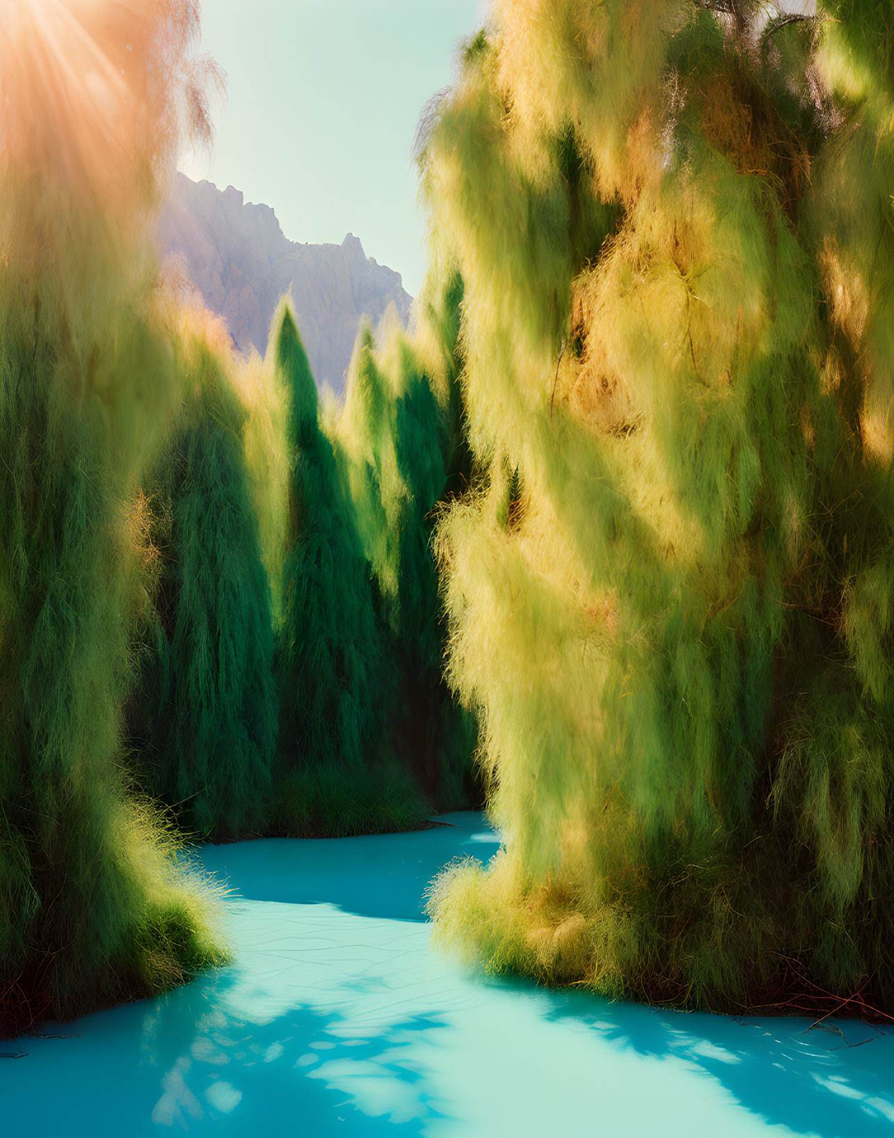 Tranquil blue river with lush green trees and rocky backdrop