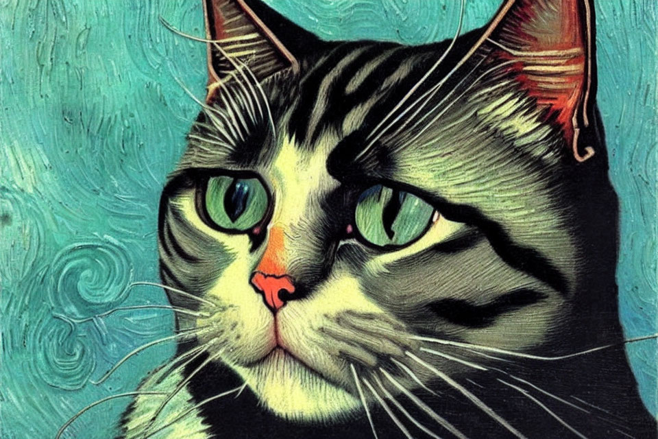 Portrait of a Tabby Cat with Green Eyes and Blue Background