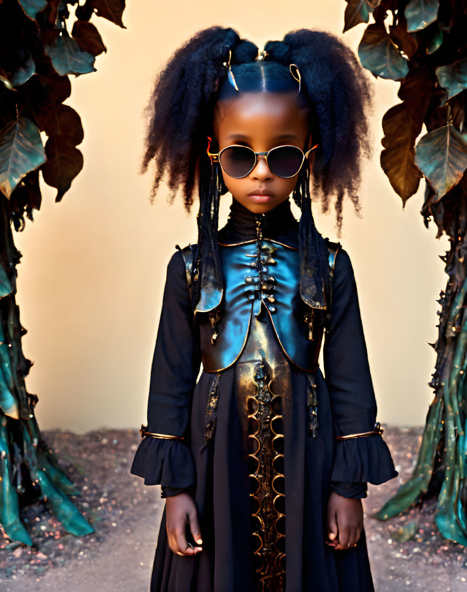 Young girl in elegant black outfit with gold accents