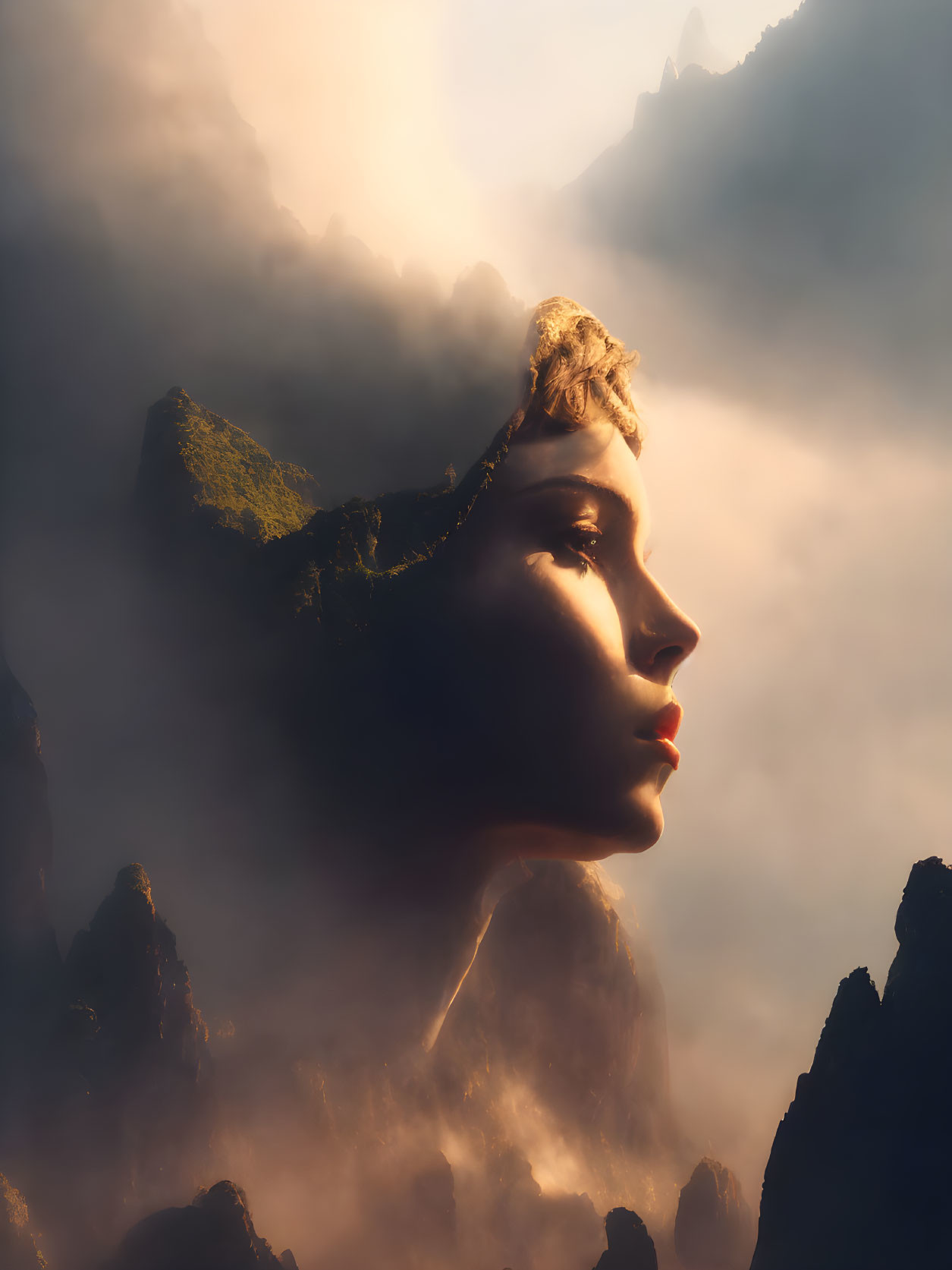 Surreal Landscape of Woman's Profile and Mountains