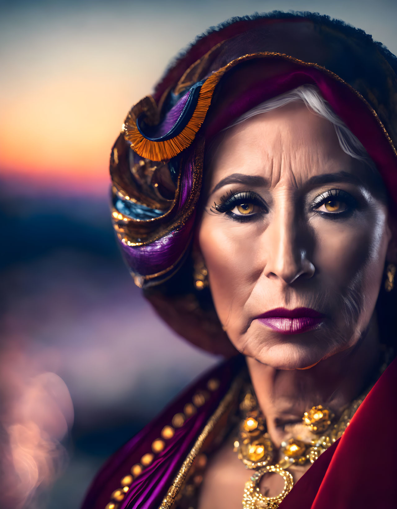 Elderly woman with colorful turban and striking makeup against sunset backdrop