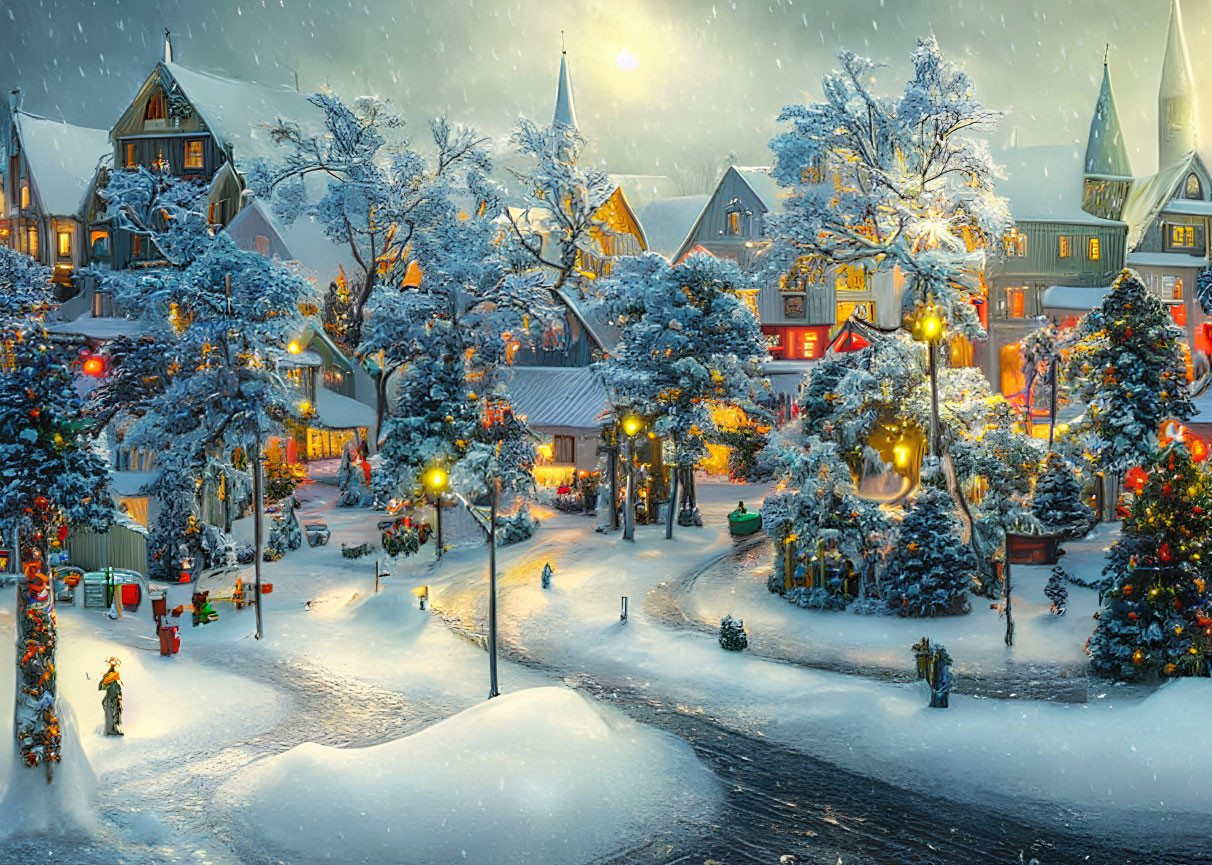 Winter Village Scene with Snow and Festive Decor