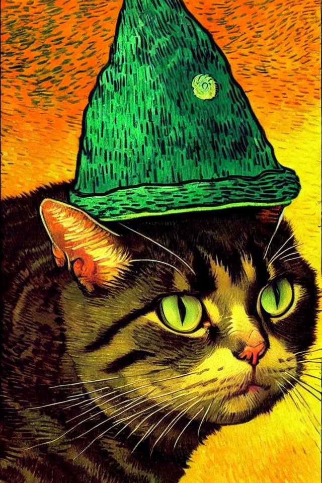 Whimsical Cat Illustration with Green Hat and Colors