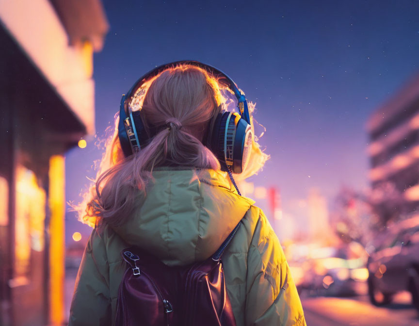 Person in Green Jacket with Headphones on City Street at Twilight