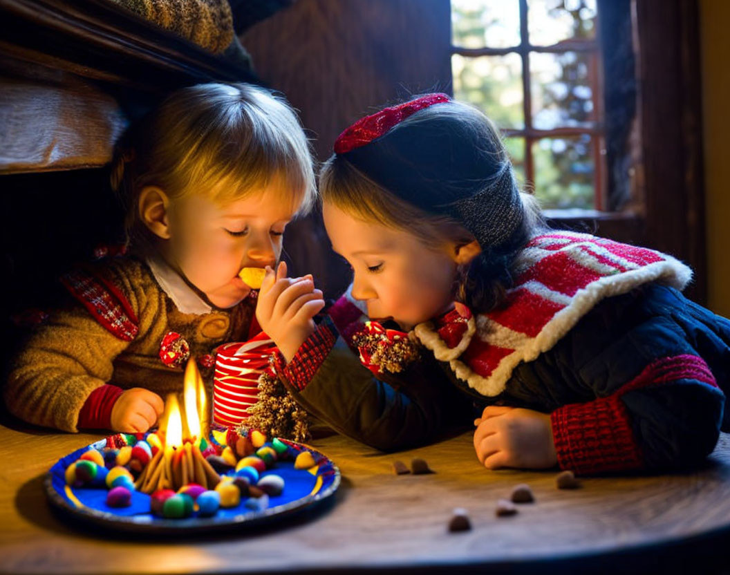 Children in festive attire admiring lit candle and colorful decorations in cozy room