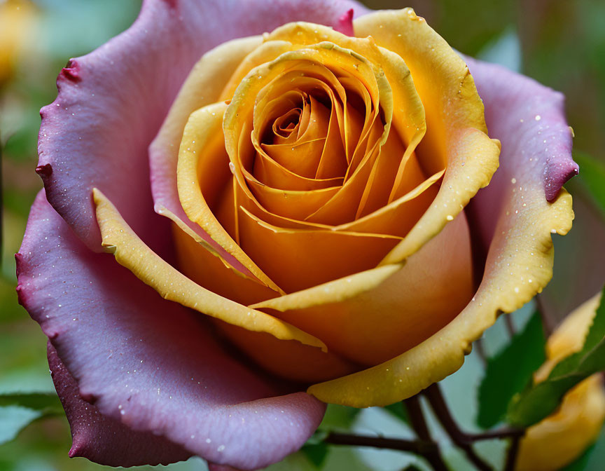 Intricate yellow and lavender rose with dewdrops