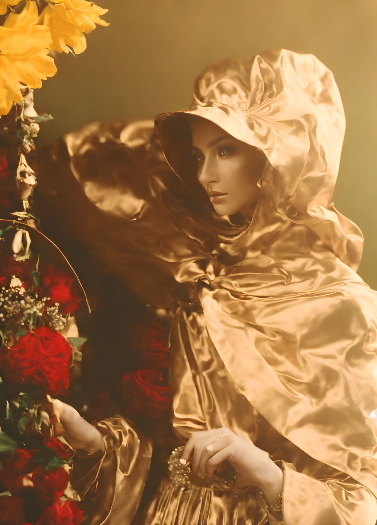 Golden hooded figure surrounded by vibrant flowers in vintage aesthetic