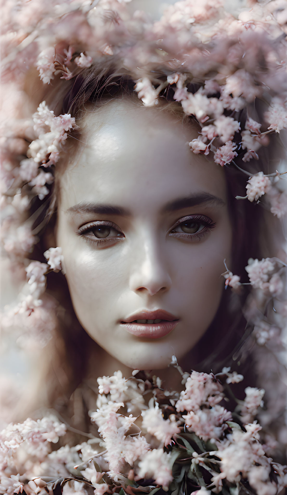 Portrait of a Young Woman Among Delicate Pink Flowers