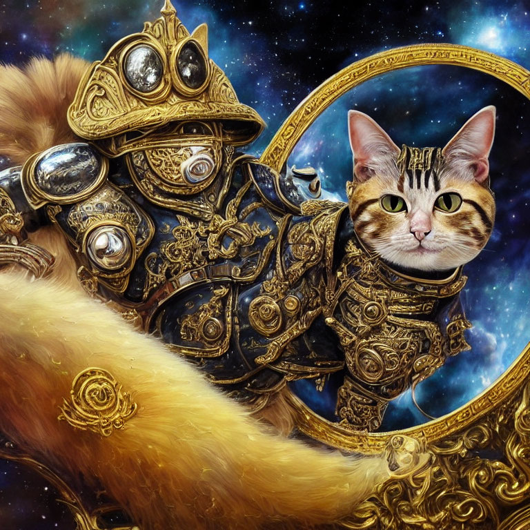 Majestic Cat in Intricate Golden Armor with Cosmic Background