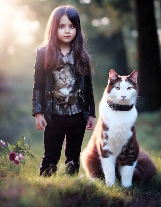 Young girl with large cat under sunlight outdoors