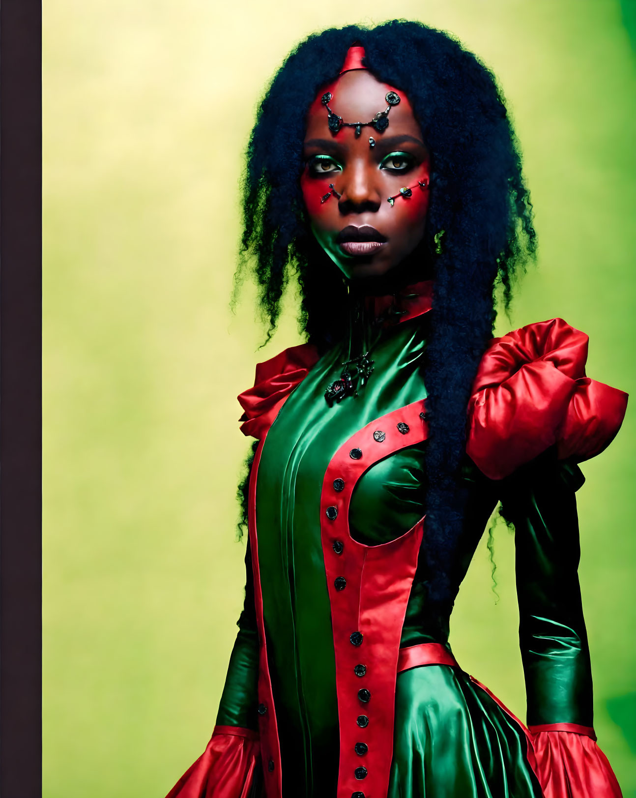 Elaborate Costume with Green and Red Color Palette