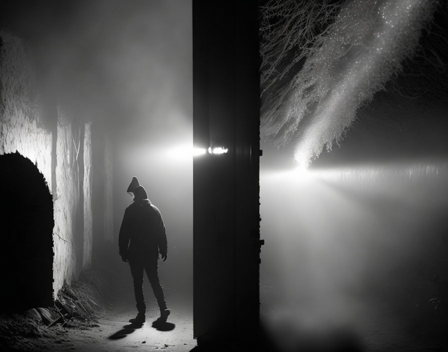 Person in hat silhouetted in misty alley at night