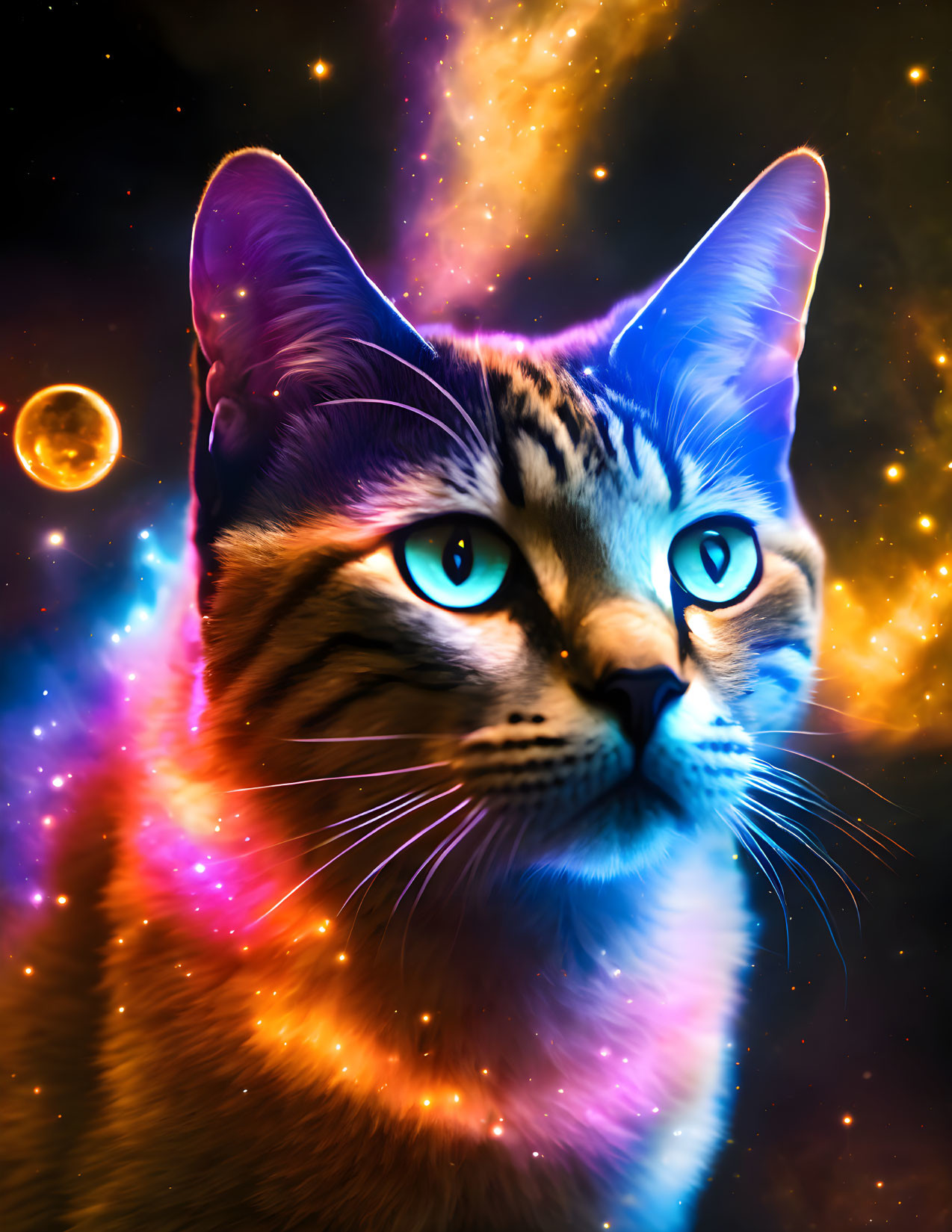 Close-Up of Cat's Face with Cosmic Background