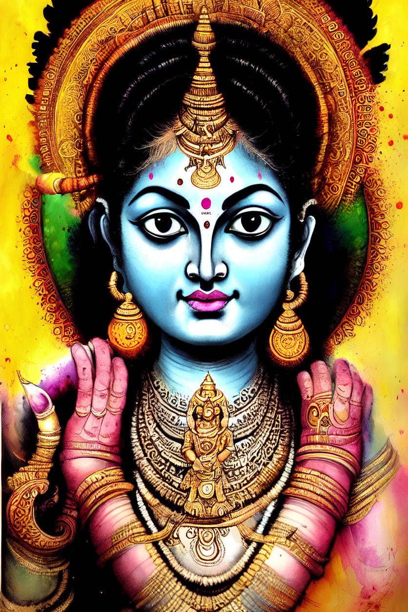 Vibrant Goddess with Blue Skin and Golden Jewelry