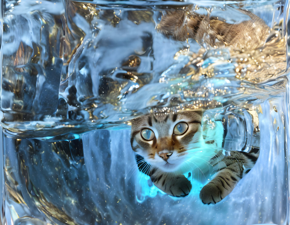 Cat's face and paws merged with ice cubes in blue water.