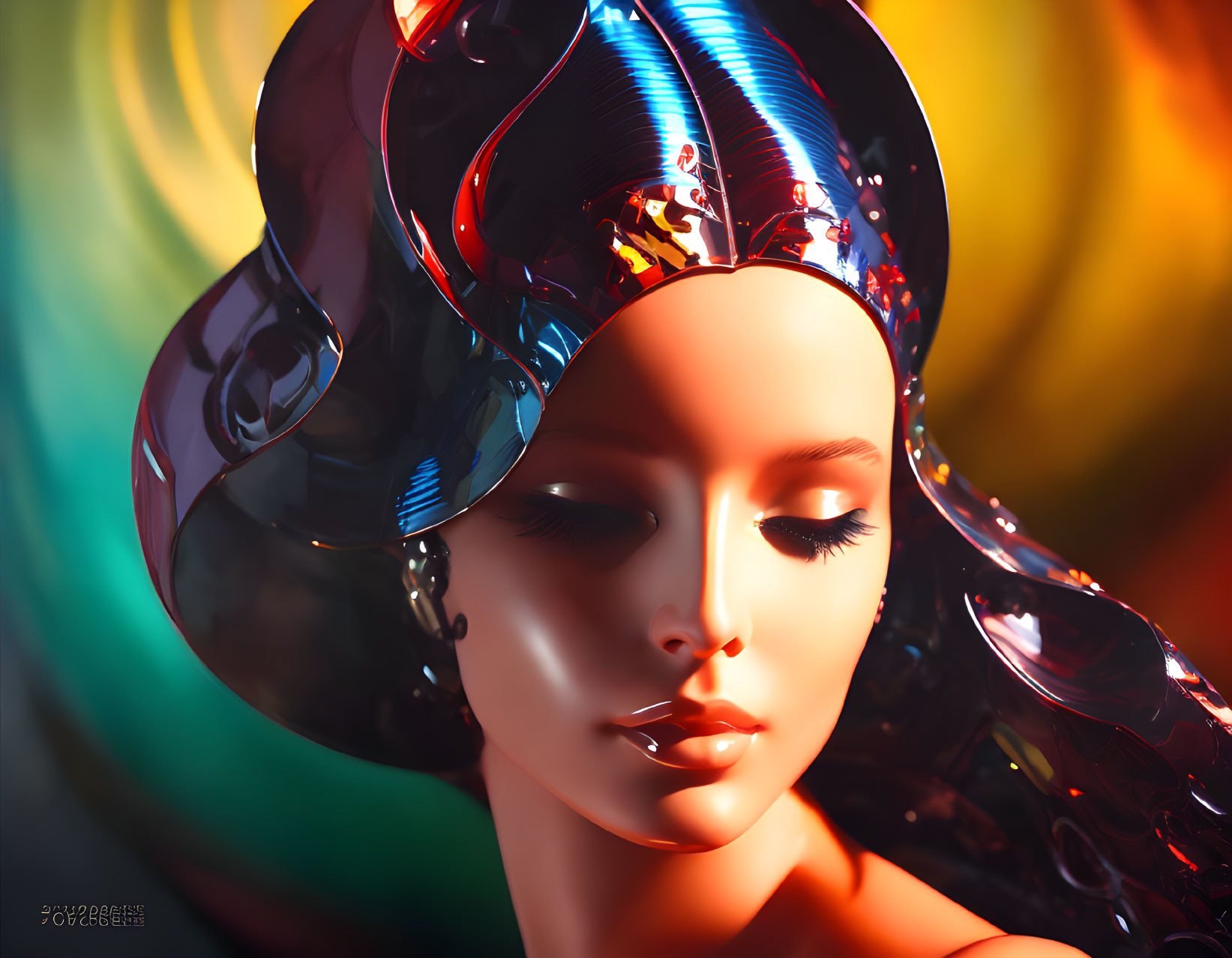 Digitally rendered female figure with futuristic headgear on colorful background