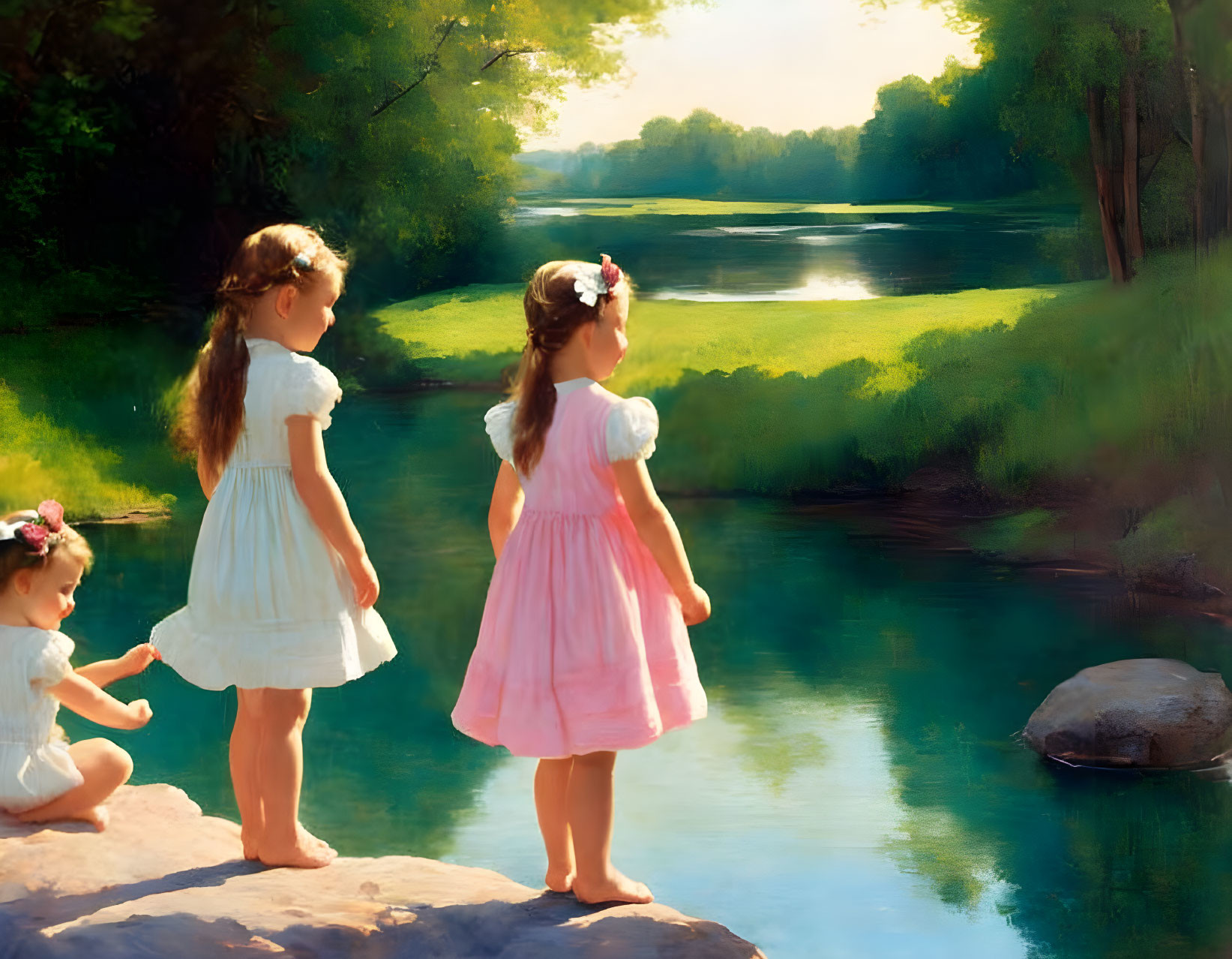 Three young girls in dresses by river with sunlight through trees