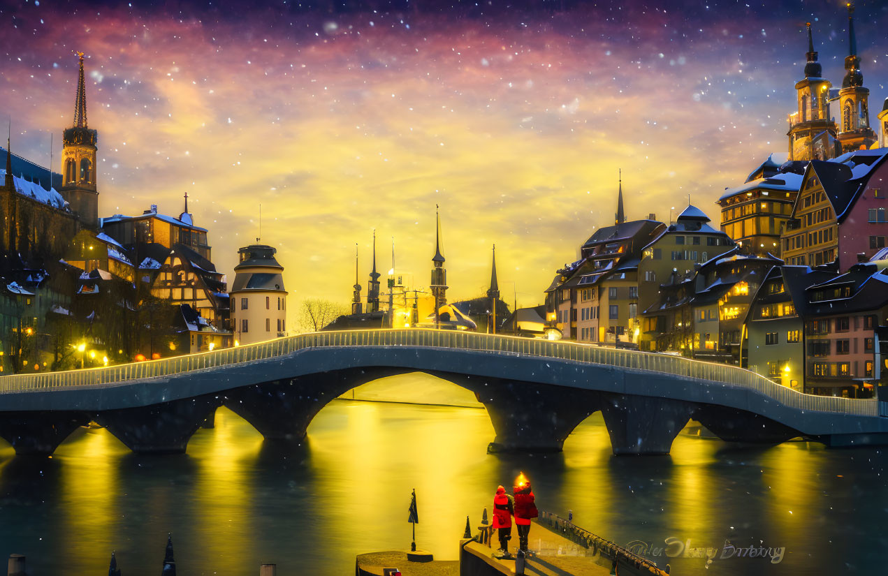 Tranquil Cityscape at Dusk with Snowfall and River