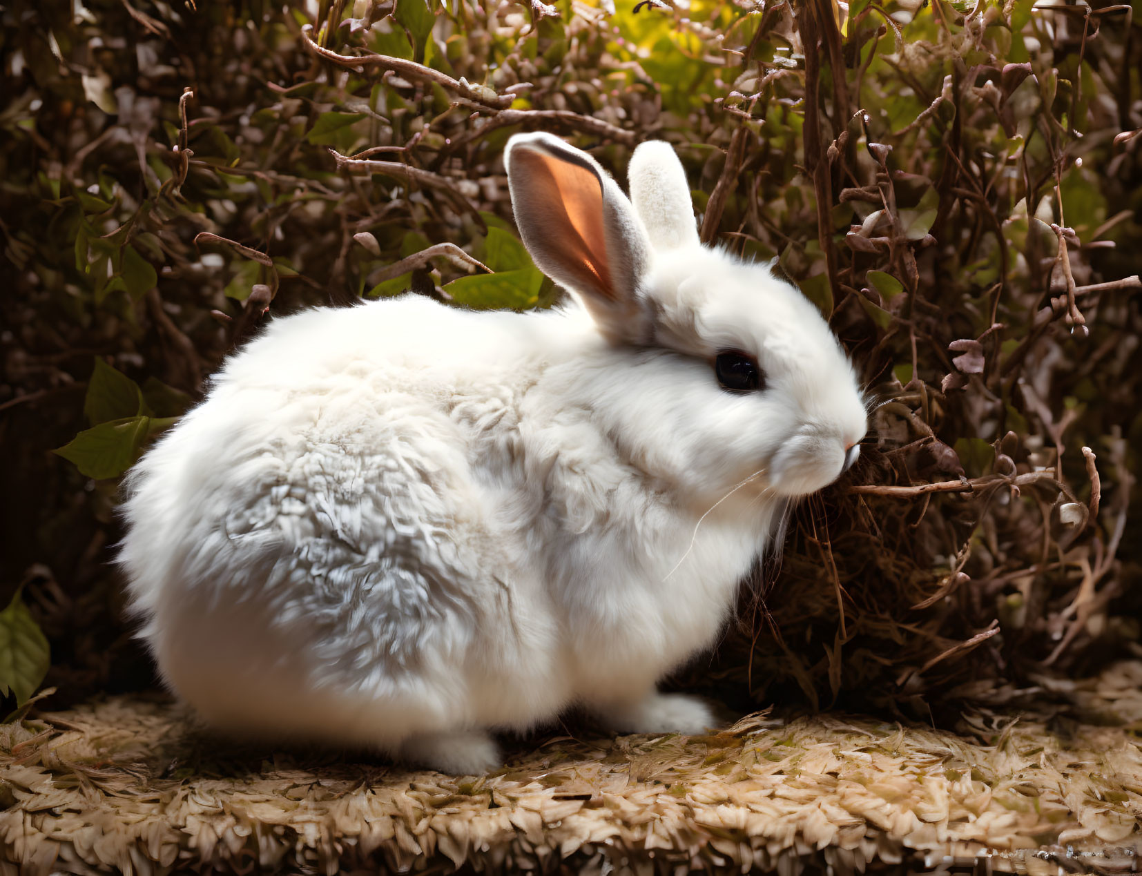 Fluffy White Rabbit Among Dried Leaves and Twigs